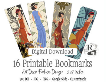 Preview of 16 Art Deco Fashion Bookmarks - Editable Print Digital Graphics, Fundraiser