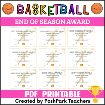 Preview of 16+ PRINTABLE PDF's End of Season Basketball Award Certificate for GIRLS