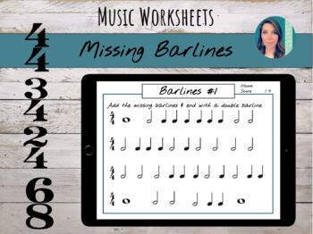 Preview of 16 Barline Music Worksheets in 4/4, 3/4, 2/4, & 6/8 Time Signatures & Answer Key