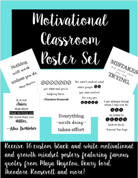 Preview of 16 Black and White Classroom Motivational and Growth Mindset Posters