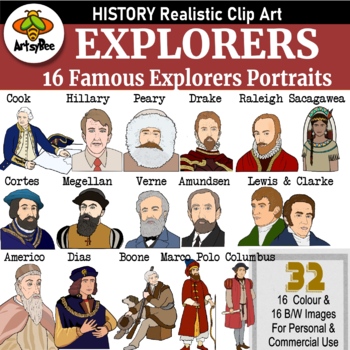 Preview of 16 Famous Explorers History Clipart Set -color and Black and White (32 images)