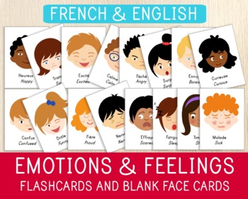 Preview of French-English Emotions Flashcards &  Blank Face Cards, 32 Cards, Feelings