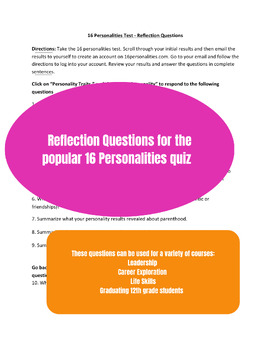 Preview of 16 Personalities - Reflection Questions