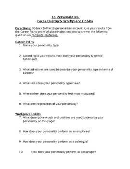 Preview of 16 Personalities Reflection Questions - Career Exploration Version