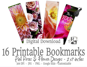 Preview of 16 Pink Rose & Flower Bookmarks - Editable, Personalize, Customize, Fundraiser