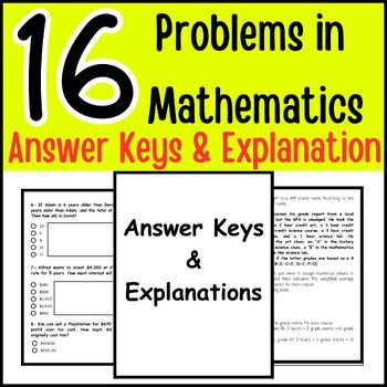 Preview of 16 Problems in Mathematics Workbook for 6th to 9th Grade, Included Answer Keys W