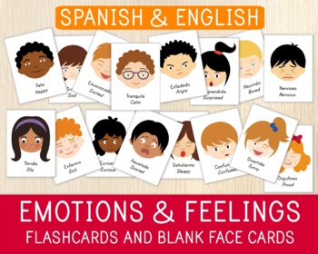 Preview of Spanish-English Emotions Flashcards & Blank Face Cards, 32 Cards, Feelings