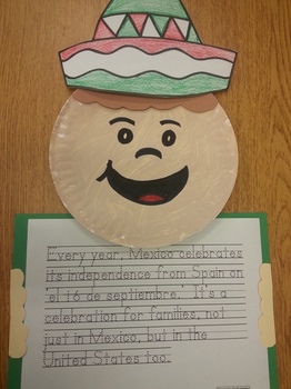 Preview of Celebrate 16 de Septiembre Hat, paper plate pattern and writing activity