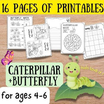 Preview of 16 pages of caterpillar and butterfly themed printables,math english and art !
