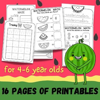 Preview of 16 pages of watermelon themed printables,math,english & drawing for summer