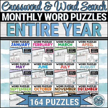 Preview of 164 Monthly Crossword Puzzles and Word Search Puzzles- Print & Digital Resources