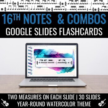 Preview of 16TH NOTES AND 8TH COMBOS | rhythm flashcard Google Slides | watercolor theme