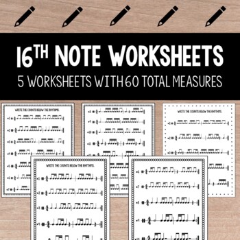 Preview of 16th note worksheets | groups and combinations | 5 papers with 60 total measures