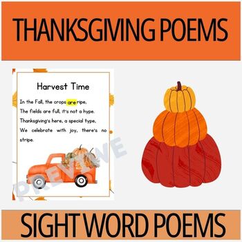 Preview of 17 Thanksgiving Sight Word Poems | Shared Reading | Sight Word Activity