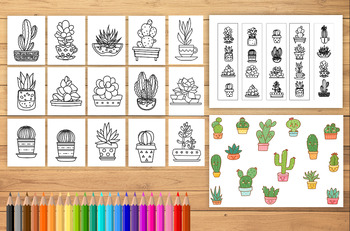 Preview of 17 cactus coloring page  +  5 lovely cactus coloring bookmarks  +  sticke cactus