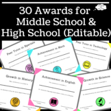 Awards for Middle School & High School - Editable