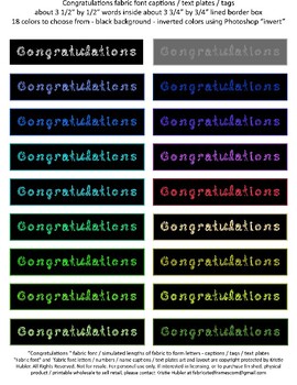 Preview of 18 Colors Congratulations Captions Fabric Font Black Background Printable Sheet
