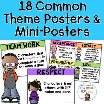 18 Common Themes in Reading Posters and Mini Posters by Less Work More Play