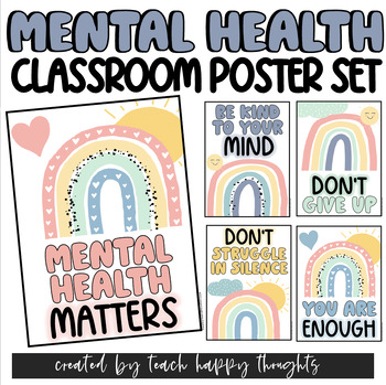 Preview of 20 Inspirational Mental Health Wellbeing Posters POSTER SET Boho Rainbow Pastel