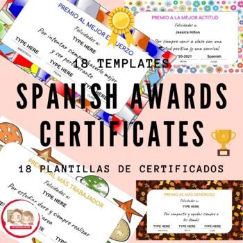 Preview of 18 PRINTABLE SPANISH AWARDS CERTIFICATES. Diplomas para la clase de español.