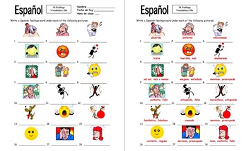 Spanish Feelings Vocabulary 18 Image IDs by Sue Summers | TpT