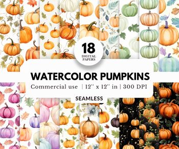 Preview of 18 Watercolor Pumpkin Digital Papers, Seamless Patterns, Halloween, Fall Leaves