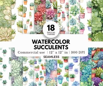 Preview of 18 Watercolor Succulent Digital Paper Bundle, Tileable Pattern, Plant Biology