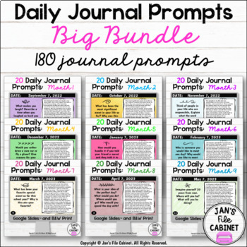 Preview of 180 Daily Journal Prompts BIG BUNDLE Months 1-9 GOOGLE SLIDES AND PRINT