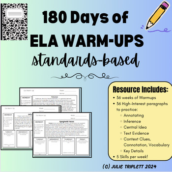 Preview of 180 Days of 6th Grade ELA Warm-Ups: Annotating, Inference, Text Evidence & More!