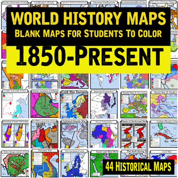 1850-2000 Blank World History Maps Package with Answer Key: Students Color