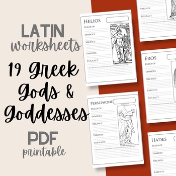 Preview of 19 Greek Gods Worksheets / Latin Language Study