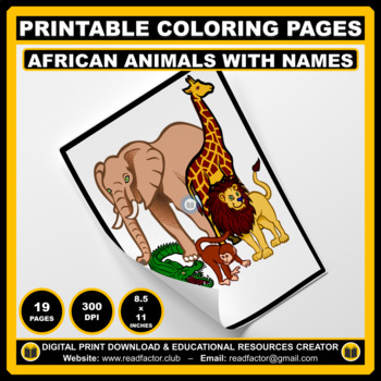 Preview of 19 Different AFRICAN ANIMALS Coloring Pages With Names