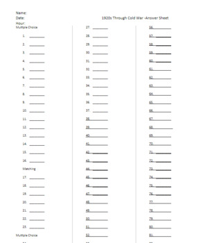 1920s - Cold War 84 Question MC and Matching Test/Study Guide/Answer Sheet