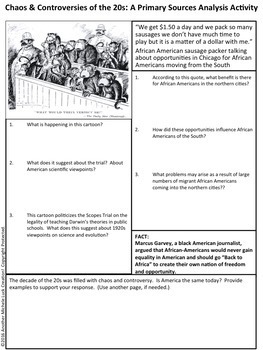 1920s Controversies Primary Source Analysis Handout Homework Us U S History