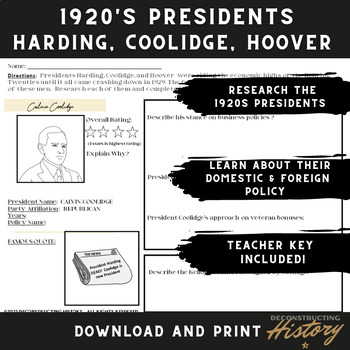 Preview of 1920s Presidents - Harding, Coolidge, Hoover Graphic Organizers