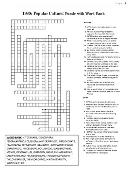 1930s Crossword Puzzle Review Culture Of The 1930s By Elise Parker TpT   Original 3242425 3 