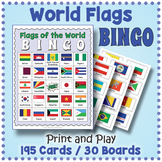 195 World Flags BINGO & Memory Matching Card Game Activity