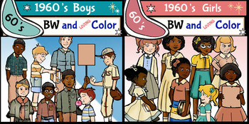 Preview of 1960s Boys and Girls Clip-Art Bundle!  BW and Color! 1960's styled Kids!