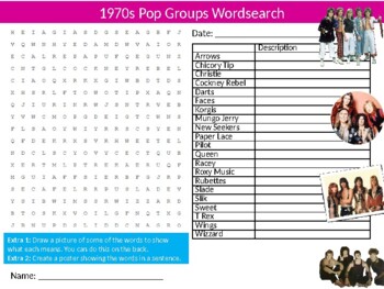 Preview of 1970s Pop Groups Wordsearch Puzzle Sheet Keywords Music Musician