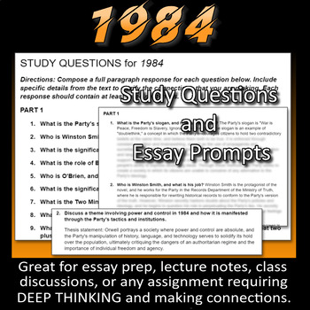 Preview of 1984 Study Questions & Essay Prompts (review, test, lecture) Google Docs