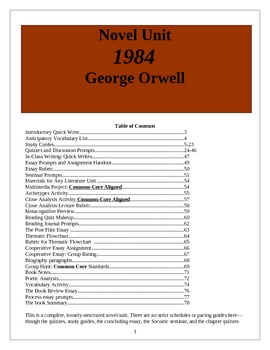 Preview of 1984 lesson plans, Nineteen Eighty Four,  Novel Unit, 78  pages.