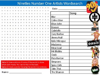 Preview of 1990s Number One Artists Wordsearch Puzzle Sheet Music Musicians