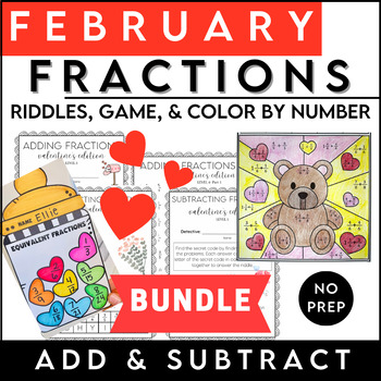 Preview of February 4th Grade Math Bundle - Fractions Riddle + Game + Color By Number