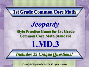 Preview of 1.MD.3 1st Grade Math Jeopardy - Tell time in hours / half-hours w/ Google Slide