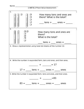 Preview of 1.NBT.2.b Test for 1st Grade