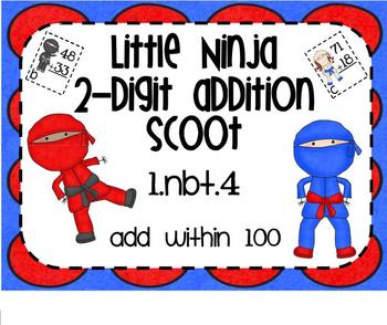 Preview of 1.NBT.4 Adding 2 Digit Numbers Little Ninja SMARTBoard Lesson & Scoot Game