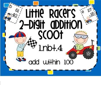 Preview of 1.NBT.4 Adding 2 Digit Numbers Little Racers SMARTBoard Lesson & Scoot Game