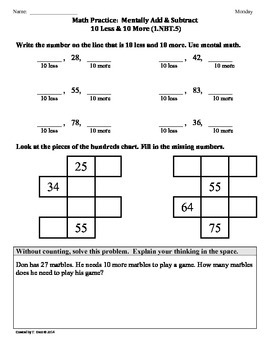 Preview of (1.NBT.5) 10 Less and 10 More -1st Grade Common Core Math Worksheets