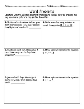 1.OA.1 Addition and Subtraction Word Problems Worksheets and Assessments