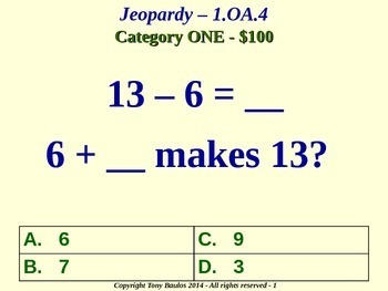 1.OA.4 1st Grade Math Jeopardy Game Subtraction As An Unknown-Addend